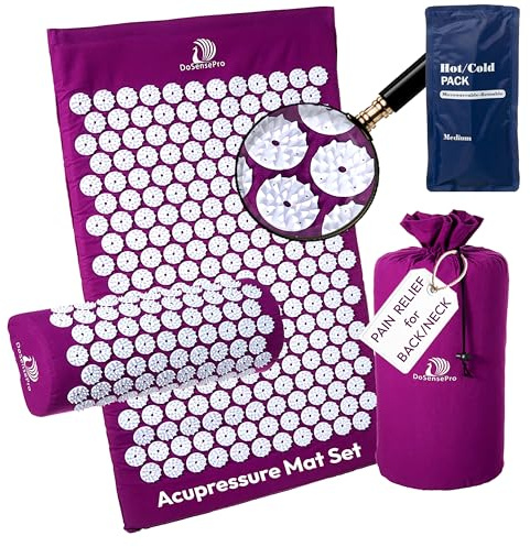 DoSensePro Acupressure Mat & Pillow Set – Extra-Long 29” Acupressure Therapy for Back & Neck Pain Relief, Sciatica, Stress Relief & Sleep Support – Includes Carry Bag & Hot/Cold Pack (Purple)