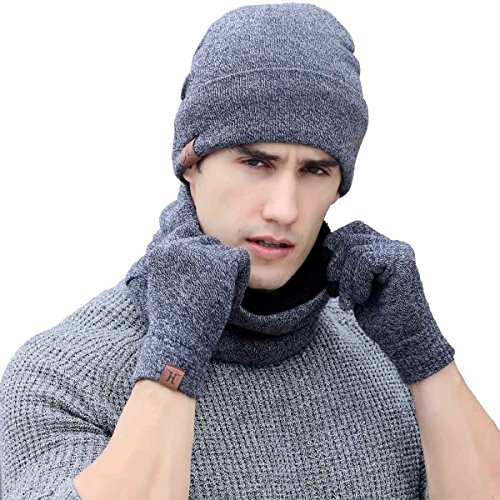 YULOONG Mütze Schal Handschuhe Set, 3 in 1 Winter Wolle Strickmütze Schal Touchscreen Handschuhe für Männer Frauen, Dunkelblau,one Size