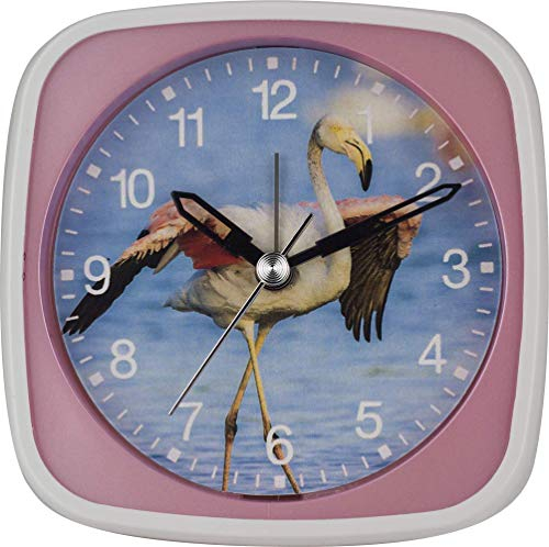 Eurotime Kinder Wecker für Mädchen mit Flamingo-Motiv, Kunststoffgehäuse und Kunststoffglas, geräuscharmer Wecker, kein Ticken, mit Licht und Weckwiederholung, 27050-22