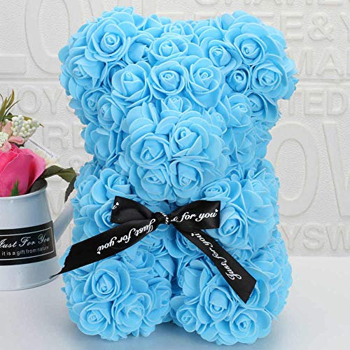 Supermolon - Orso con rose in schiuma, 25 cm con scatola regalo, originale – Orso di rose artificiali, ideale come regalo per San Valentino, anniversario, con biglietto (blu)