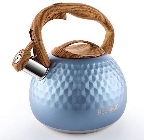 BELANKO 2.7 Quart Tea Kettle for Stovetop - Food Grade Stainless Steel with Diamond Texture, Designer Teapot Look, Cool-Touch Wood Pattern Handle, Whistling Spout - Glacier Blue
