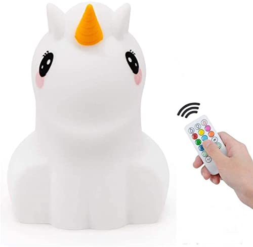 Tianhaixing Veilleuse rechargeable en silicone souple en forme d'animal, ajustez la luminosité et 9 couleurs via le contrôle tactile et la télécommande, convient aux enfant/adultes (grande Licorne)