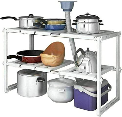 Scaffale Sottolavello Stoviglie Ripiano Sotto Lavello, Scaffale per Armadio, 2 Livelli, Acciaio Inox e Plastica, Regolabile in Altezza