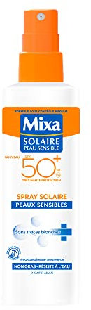 Mixa Spray Solaire Peaux Sensibles SPF50+ - Hypoallergénique, sans parfum, sans traces, non gras, résiste à l’eau