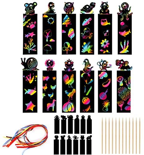 nuoshen 24 Stück Kratzbilder für Kinder, Kratzbilder Scratch Painting mit 24 Stück Holzstiften 24 Stück Bändern Kratzbild für Jungen Mädchen DIY Basteln Party