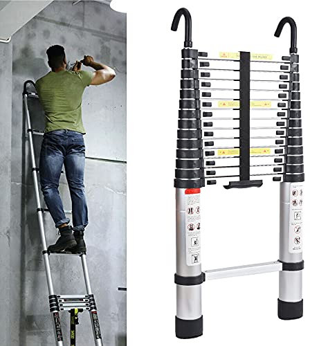 Escalera telescópica portátil de aluminio – Escalera telescópica para tejado trabajo al aire libre con gancho desmontable y pies de goma antideslizantes – 4,4 m