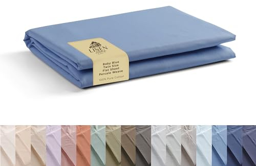 Linen Home Twin Size Flat Sheet Only 100% Cotton Percale, Baby Blue