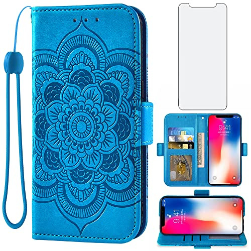 Asuwish Handyhülle für iPhone XS/X Hülle mit Glas Folie Schutzfolie Kartenfach Klappbar Leder Geldbörse Ständer iPhone10Hülle i 10 10s 10x 10xs Handy Hüllen Mandala Schutzhülle Cover Phone Case Blau