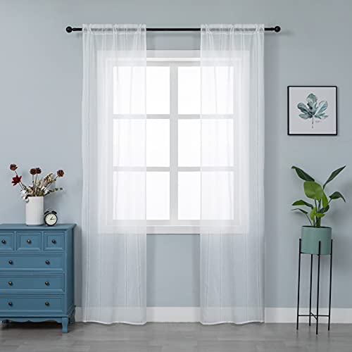 GIRASOLE HOME® Coppia Tende Voile Bianche Trasparenti Effetto Lino Tenda a Righe Bianche per Soggiorno Camera Balcone Finestra e Interni 2 Pannelli con Tasca (Bianco, 70x240cm)