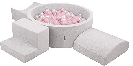 KiddyMoon Parque Infantil De Espuma con Rodondo Piscina De Bolas (200 Bolas) para Niños, Gris Claro: Rosa Claro/Perla/Transparente