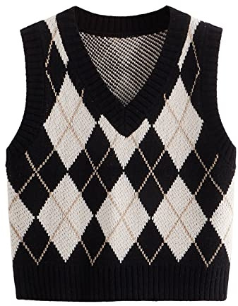 SweatyRocks Women's Plaid Geo Sleeveless V Neck Knit Crop Top Sweater Vest