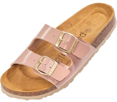 Palado Pantoletten Damen Milos Lack – elegante Sandalen Made in Spain - bequeme Hausschuhe mit Kork-Fußbett - modische Sommerschuhe Rosa UK4,5 - EU37
