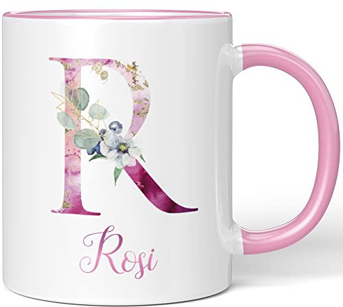 JUNIWORDS Tasse, Rosi, Name Anfangsbuchstabe Initial Alphabet Floral Buchstabe R Monogramm Motiv, Rosa (5537468)