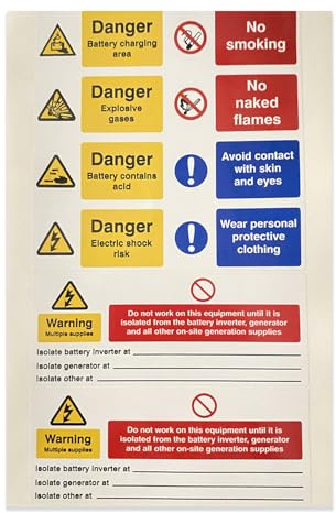 iSigns Warning Signs (Solar Panel Battery Labels) Pack of 5 Sheets with 3 Labels Each, Over-Laminated Self-Adhesive Safety Sticker, British HSE Standards Approved