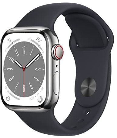 Apple Watch Series 8 (GPS + Cellular, 41MM) - Silber Edelstahlgehäuse mit Mitternacht Sportarmband (Generalüberholt)