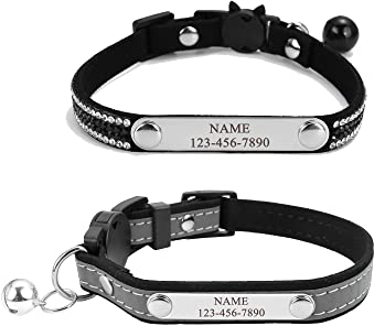 Mogokoyo 2er Pack Glöckchen Katzenhalsband mit Namen und Telefonnummer Personalisiert Reflektierend Katzenhalsband mit Sicherheitsverschluss Verstellbar Halsband für Katze Kitten (Schwarz)