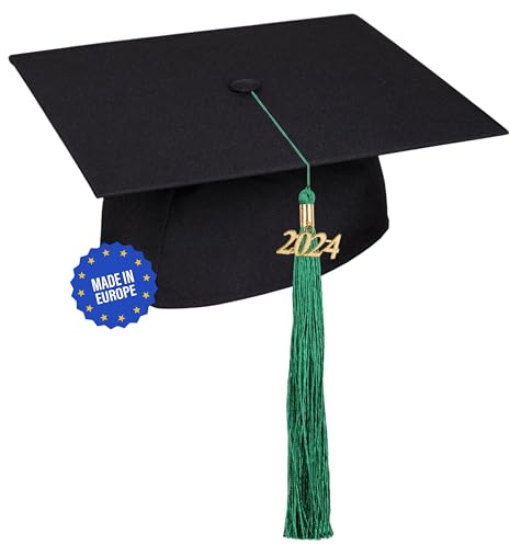 KEPI - Abschluss Hut, Doktorhut, Europäischer Hersteller, Graduation Hut im Universalgröße, Verstellbereich 54-61 cm, Quaste mit Datumsanhänger 2025, Abschlusshüte in 18 Farben - Grün