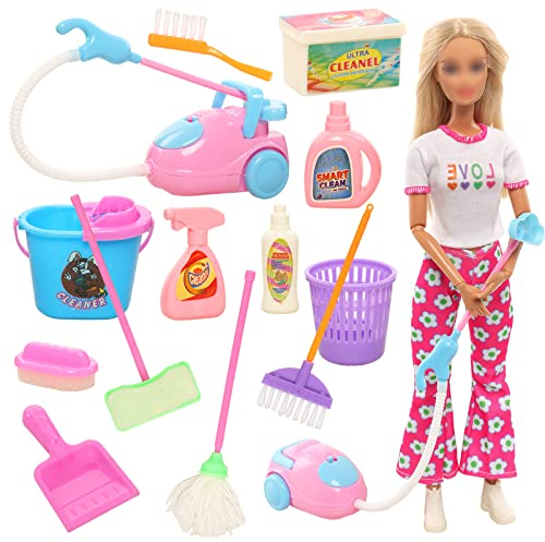 Festfun Doll Accessories Miniature Mop Dustpan Bucket Brush Dollhouse Miniature, Dollhouse Accessories Garden 1:12 Scale House Cleaning Tools for 11.5 Inch Doll Playset