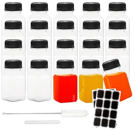 BiBiFly 120ml 20 Pack Plastic Juice Bottles with Black Lids, Reusable Bulk Beverage Containers for Storing Juices, Milk, Smoothie and Other Homemade Beverages