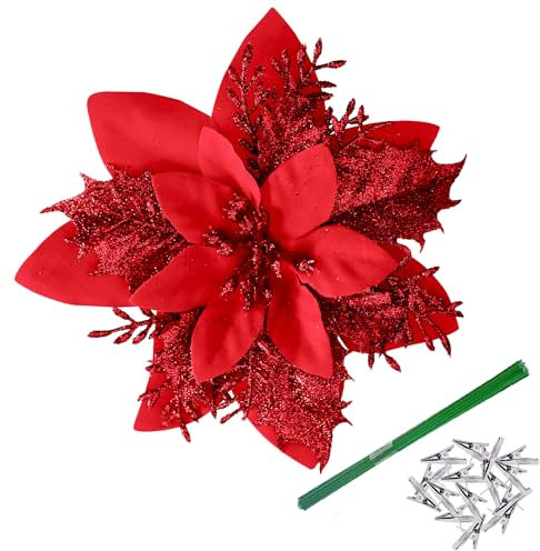 Bafenli 15 Stücke 14CM Weihnachten Künstliche Blumen Poinsettia Glitzer Weihnachtsblumen mit Clips Stämme Weihnachtsbaum Ornamente für DIY Kränze Girlande Haus Party Urlaub Dekoration - Rot