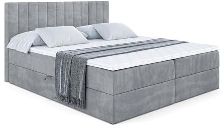 ALTDECOR Boxspringbett mit Matratze und Lattenrost, Boxbett, Topper, Polsterbett mit Bettkasten, Bett mit Stauraum H3-Matratze, Doppelbett, Springboxbett - Edita - 160x200 - Grau Samt