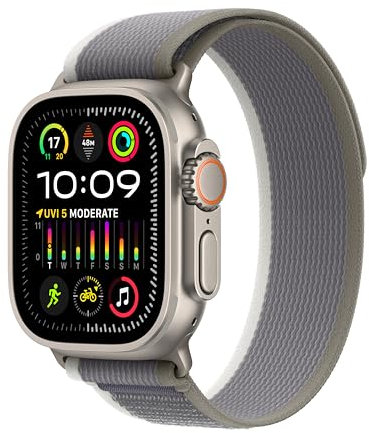 Apple Watch Ultra 2 [GPS + Cellular 49mm] Smartwatch with Rugged Titanium Case & Green/Grey Trail Loop S/M. Fitness Tracker, Precision GPS, Action Button, Extra-Long Battery Life, Carbon Neutral