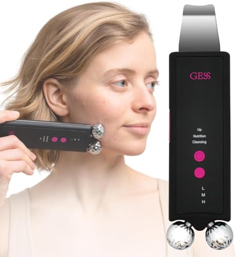 GESS Mamba Porenreiniger Gesicht, Ultraschall Skin Scrubber, Peelinggerät, Iontophorese, 4 Modi, Anti Akne, Lifting, Ultraschallmassagegerät (Blue) (Schwarz und Pink)