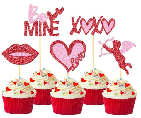 25 Stück Glitzer Valentinstag Cupcake Toppers, Herzen Kuchendeko, Valentinstag Tortendeko für Valentinstag Heiratsantrag Verlobung Hochzeit Party Deko (L Pink)