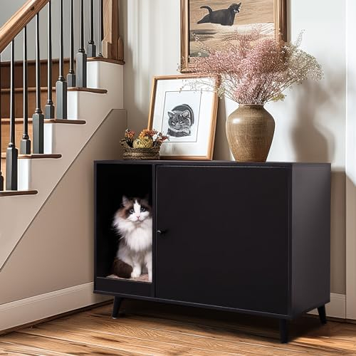 Redlife Katzenklo Schrank, Versteckte katzentoilette Möbel, Katze Waschraum Schrank mit Kratzbaum, Katzenhaus Hölzerne für Meiste Katze und Katzenklo Selbstreinigend (Schwarz)