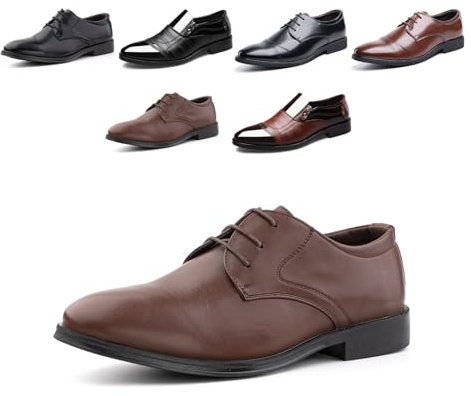 Derbies Shoes Men Oxford Shoes Classic Brogues Casual Patent Leather Lace Up Formal Dress Shoes Business Wedding Lightweight Non-Slip GJA1118 Brown UK 6