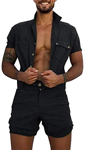 Arbeitsoverall Herren Schwarz Leinen：Overall Herren Arbeitskleidung Jumpsuit Mit Kordelzug Taille Arbeitslatzhosen Hohe Qualität Freizeitanzug Fashion Body Kurzarm Atmungsaktive Menswear Leicht