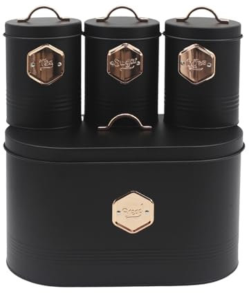 Plexon Brotbox für Küche Arbeitsplatte mit Kaffee Zucker Tee Küche Vorratsdosen Brotbox und Dosen Set für die Küche mit Deckel Schwarz
