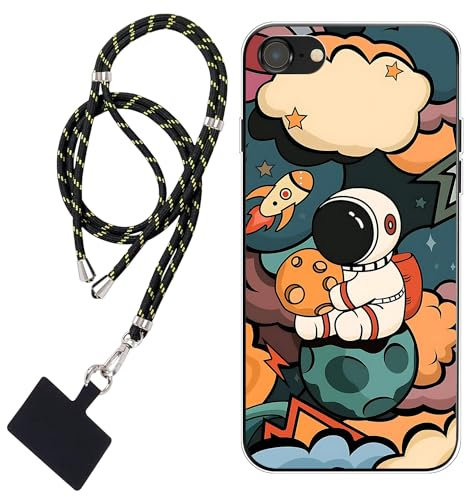 WUACYEAMING Case Compatible with iPhone SE 2020/8/7,Clear with Design Soft TPU Shock Absorption Slim Embossed Pattern anime aviator Rocket+Cell Phone Lanyard ×1