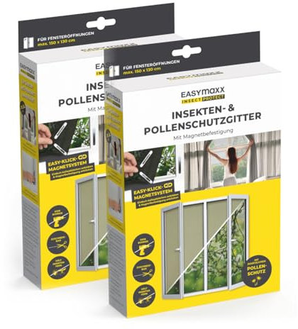 EASYmaxx Mosquitera antipolen para Ventanas con Magic Click | Cortada a Medida para Todas Las Ventanas de hasta 150 x 130 cm | Fácil instalación con 12 imanes - sin taladrar ni atornillar [2 Piezas]
