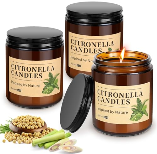 Citronella Kerze Outdoor Groß,3 Stücke Natürliche Sojawachs Citronella Kerze,240 Std. Brenndauer Zitronella Kerze im Freien, mit Deckel Natürliches Sojawachs, für Balkon,Picknick,Terrasse Tischdeko