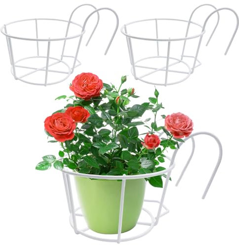3 Soportes Colgantes para Macetas, Redondos de Metal para Balcón, Cestas Colgantes para Casa, Jardín, Barandilla, Valla (Blanco)