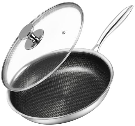 Innerwell Stainless Steel Frying Pan 24 cm with Lid, Honeycomb Non-Stick Skillet, Triply Frying Pan for Gas Electric Induction Ceramic Stoves and Oven, PFOA Free
