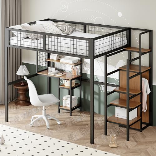 Merax Metall Hochbett 140 x 200 cm, mit Kleiderschrank, Schreibtisch und Regal, Multifunktionales Kinderbett mit Stauraum Treppe, Schwarz (Ohne Matratze)
