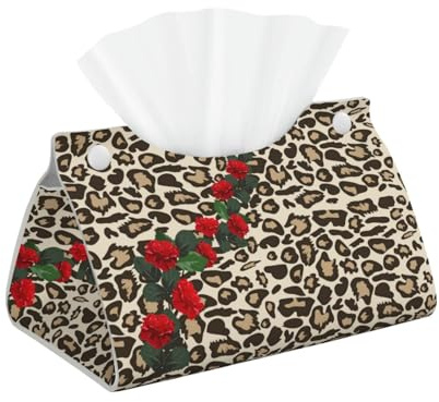 Housse de boîte à mouchoirs imprimé léopard et roses rouges - Distributeur de serviettes décoratif pour voiture, maison, bureau