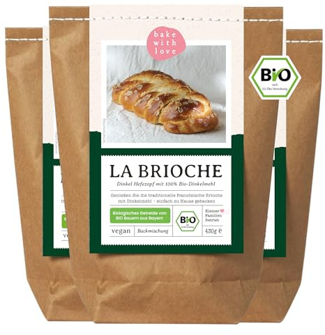 Bio Dinkel Brioche Backmischung – 100 % Dinkelmehl, ohne Weizen – für Zimtschnecken, Hefezopf, Osterzopf & süßes Hefegebäck – für Ofen & Brotbackautomat – Bake with Love – 3er Pack