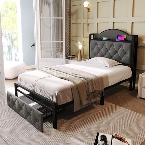 Lcoho Polsterbett mit USB Typ C Ladefunktion und Schubladen, Einzelbett 90 x 200 Stauraumbetten Bettgestell mit Lattenrost aus Metallrahmen(Ohne Matratze) (Grau)