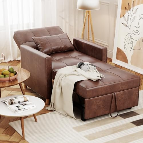 YODOLLA Schlafsessel, 3-in-1 Ausziehbares Schlafsofa mit Bettfunktion, Umwandelbarer Schlafstuhl Verstellbarer Einzelsessel mit Seitentasche, für kleinen Raum, Wohnzimmer (Braun)