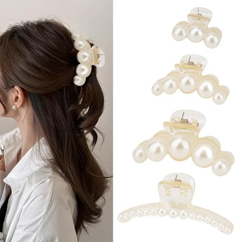 4 Pcs Grosses Pinces À Cheveux Avec Perles,Pince À Cheveux En Perles,Pince Cheveux Mariage En Perles,Pince Cheveux,Pince Cheveux Femme,Pinces À Cheveux Pour Femmes,Pince Cheveux Grande,Perle Cheveux