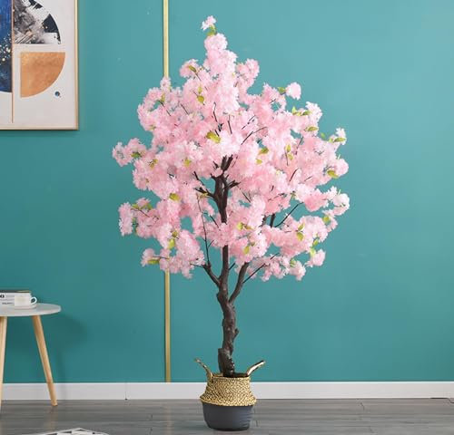 Künstlicher Gummibaum/japanische Künstliche Kirschblüten-kunststoffbäume Mit Bambustöpfen, Extra Großer Hoher Künstlicher Pflanzenbaum Für Den Innen- Und Außenbereic(Size:1.5m/5ft/59in,Color:Rosa)