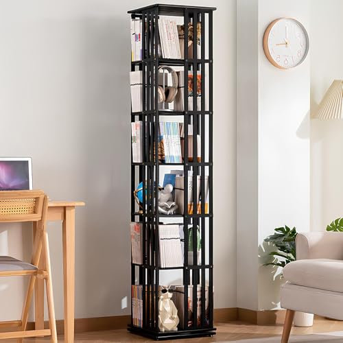 HCBHG Drehbares Bücherregal mit 6 Ebenen, 360°-Ausstellung, Bodenstehendes Bücherregal, Schmales Bambus-Bücherregal für Schlafzimmer, Wohnzimmer, Arbeitszimmer
