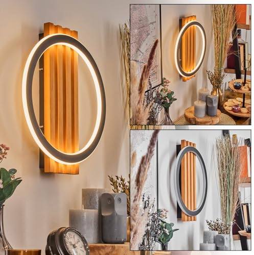 HOFSTEIN LED Wandleuchte Pompu, Wandlampe aus Holz/Metall/Kunststoff in Natur/Schwarz/Weiß, Leuchte im Retro/Vintage-Design mit Holzbalken für Wohnzimmer, Schlafzimmer, Küche, Flur, Treppenhaus