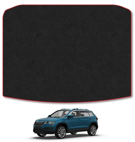 Skoda Karoq (2017+) Carpet Boot Mat | Red Edge Trim Tailored Fit Boot Liner Full Coverage Protection Accessories Easy Clean Anti Slip Made in the UK