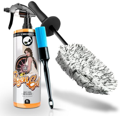 Nuke Guys Felgen Reinigungsset | Felgenreiniger 1l mit Wirkindikator + Mikrofaser Felgenbürste + Felgenpinsel | Stark gegen Bremsstaub & Flugrost | Felgen Reinigung Set für Auto & Motorrad