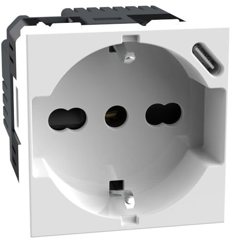 BTICINO MatixGO - Toma Schuko italiana P40 y cargador USB tipo C, Quick Charge, toma eléctrica con alvéolos protegidos, compatible con enchufes italianos/Schuko, 2 módulos, blanco, JW4140A16USB