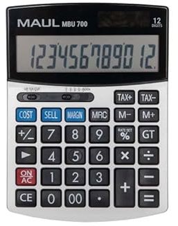 MAUL kaufmännischer Taschenrechner MBU 700 | Taschenrechner groß mit kaufmännischen Funktionen | 12-stelliges Display | inkl. Gewinn-Kosten-Marge-Funktion | Solar/Batterie | Schwarz